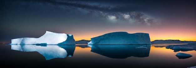 Wide panorama with icebergs and night sky