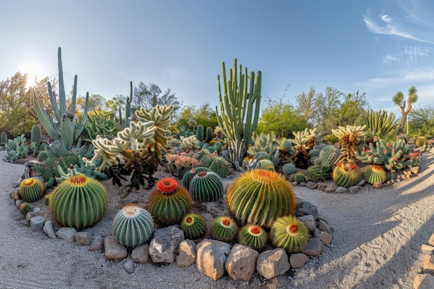 Photo a wide panoramic view of a diverse cactus garden showcasing an array of different species