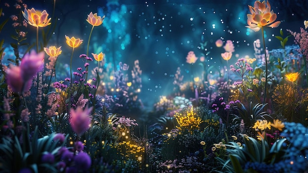 A wide panoramic view of an enchanted flower garden at night