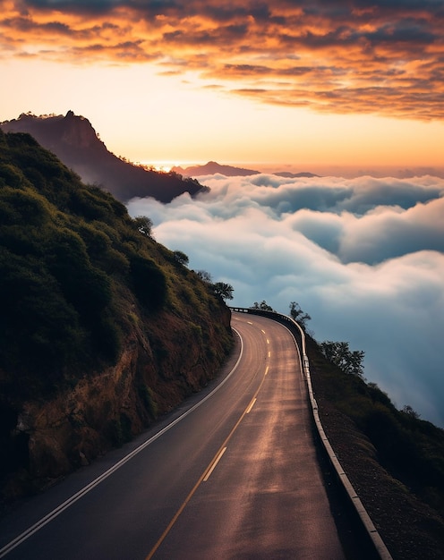 遠くの山の上に広い舗装された道路