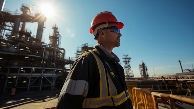 Photo wide portrait of man oil rig engineer in industrial plant