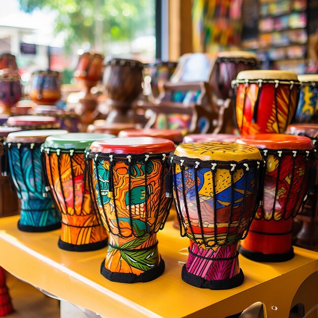Photo wide range of colorful djembe drums at souvenir shop