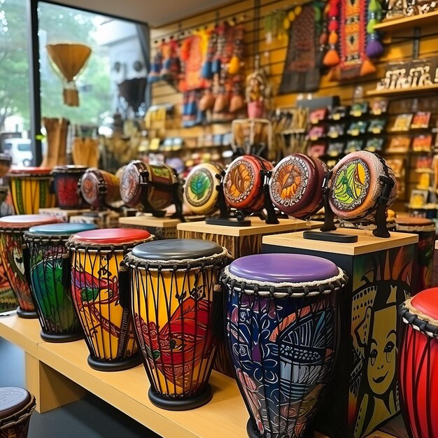 Photo wide range of colorful djembe drums at souvenir shop