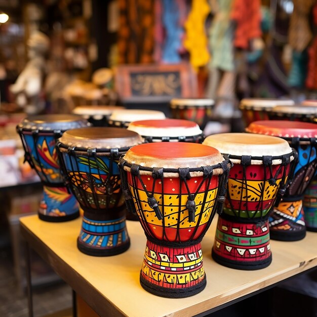 Photo wide range of colorful djembe drums at souvenir shop