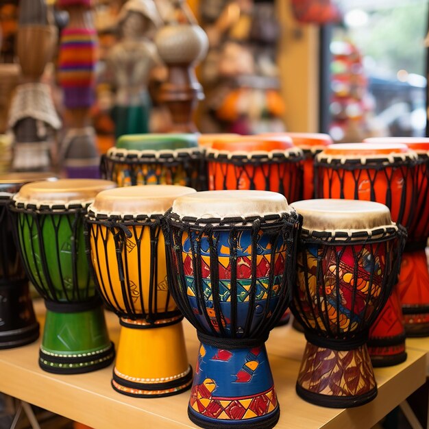 Photo wide range of colorful djembe drums at souvenir shop