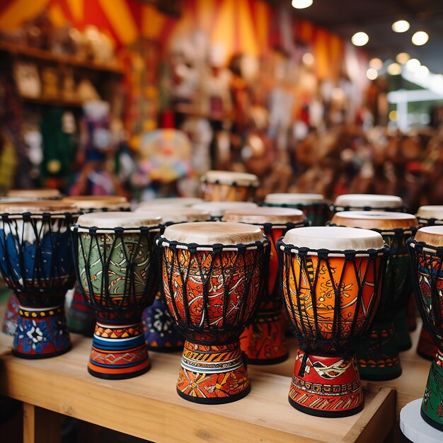 Wide range of colorful djembe drums at souvenir shop