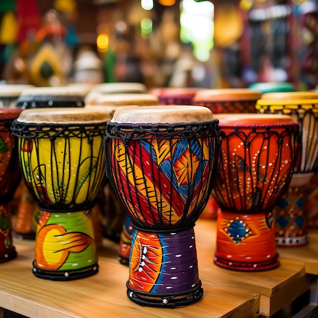 Photo wide range of colorful djembe drums at souvenir shop