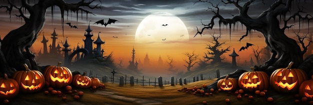 Wide scary Halloween banner pumpkin jack o lanterns bats old trees near witch palace at night sky