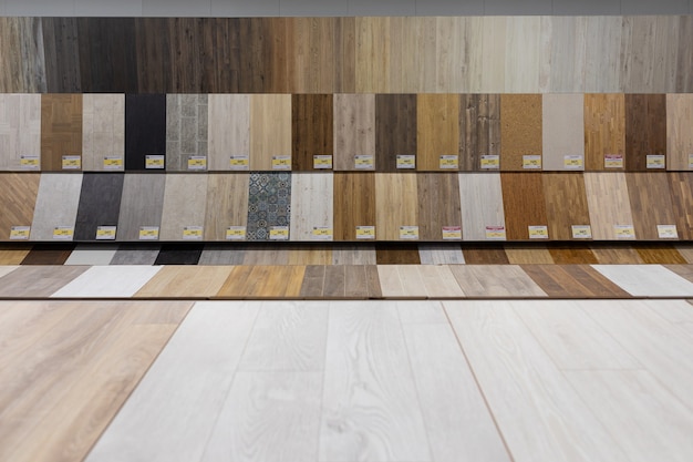  wide selection of hardware store with samples of wooden parquet for the floor.