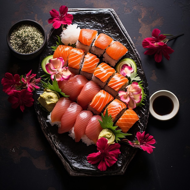 Foto ampia selezione di sushi su un vassoio nero