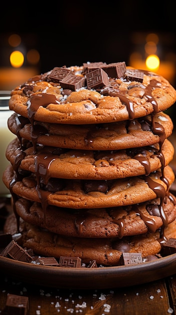 Wide selective closeup shot of a stack of baked chocolate cookies