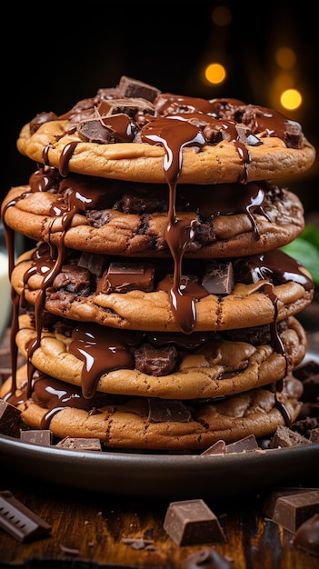 Wide selective closeup shot of a stack of baked chocolate cookies