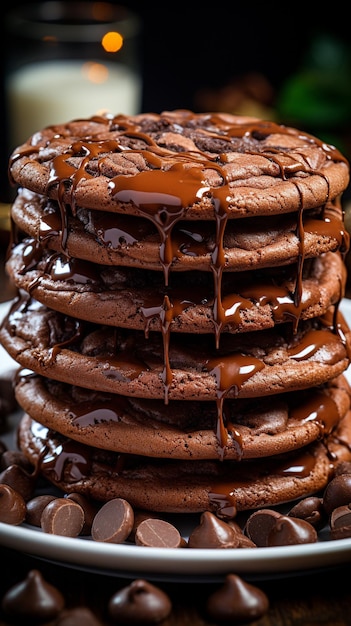 Wide selective closeup shot of a stack of baked chocolate cookies