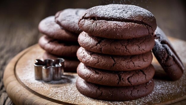 Wide selective closeup shot of a stack of baked chocolate cookies