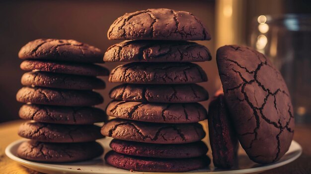 Wide selective closeup shot of a stack of baked chocolate cookies