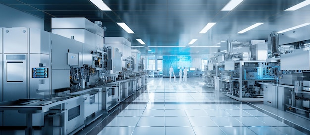 Широкий кадр Bright Advanced Semiconductor Production Fab Cleanroom Генеративный ИИ