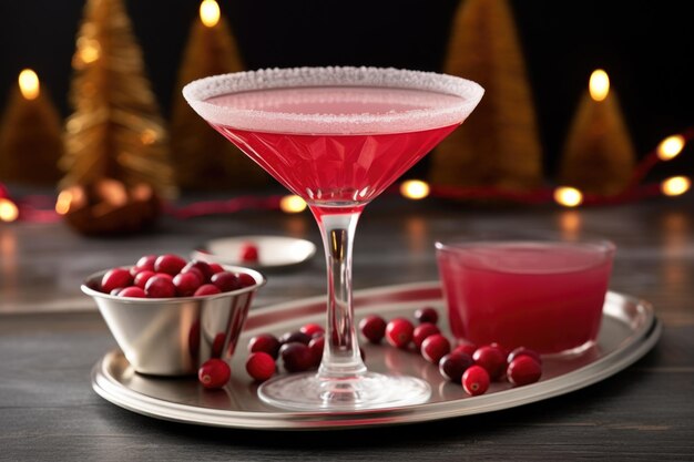 Wide shot of a cosmopolitan cocktail next to fresh cranberries