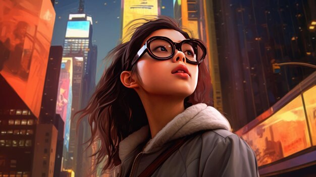 A wide shot of a cute girl in sunglasses looking up at the tall buildings in Times Square