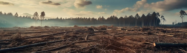 Wide shot of deforested area desolate banner deforestation barren signage wilderness clearance blea