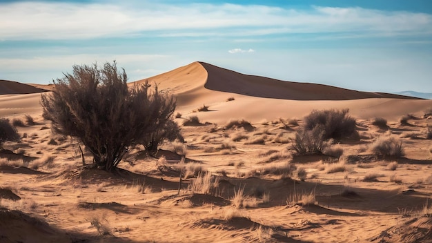 Wide shot of a desert with dried bushes and sand dunes at daytime