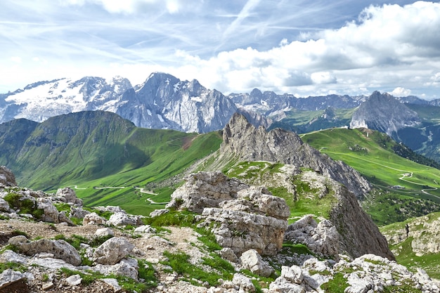 Wide shot of Dolomite Mountains