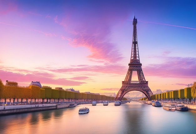 Wide shot of eiffel tower with dramatic sky and flowers at late evening paris france