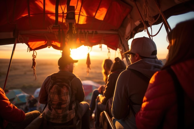 Wide shot of family and friends on early morning hot air balloon