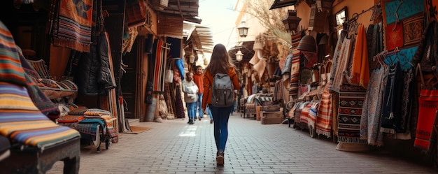 Wide shot of a female solo traveler exploring the streets of the Marrakech during her vacation