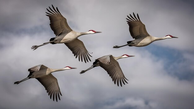 Photo wide shot of four sandhill cranes flying in a cloudy sky