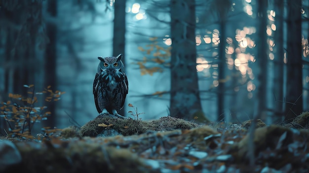 Photo a wide shot of a great horned owl perched on a rock in the middle of a dense forest