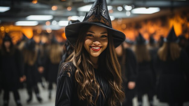 A wide shot of a Halloween party with a girl disguised in a scary costume skating on an indoor ice skating rink Ceated with Generative AI