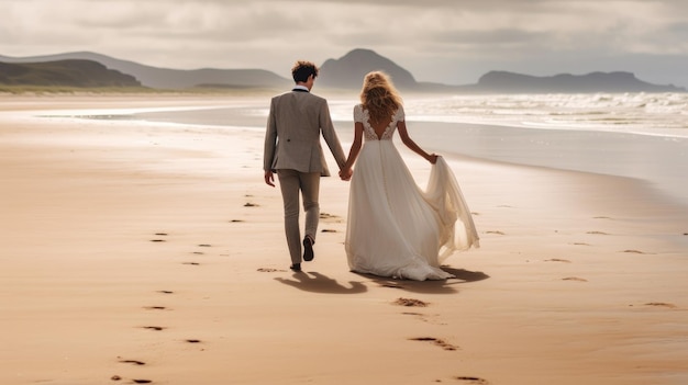 Wide shot image of newly weds walking on beach