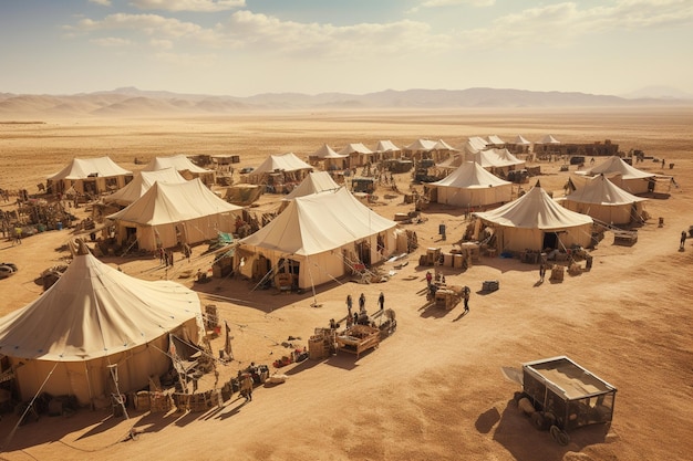 Photo wide shot of lowlands in the middleeast with tents set up by explorers