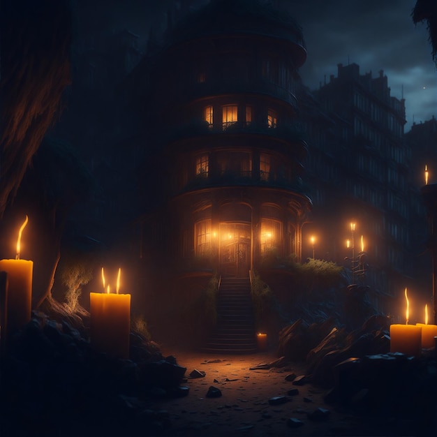 A wide shot of a mafia hideout illuminated by a single candle