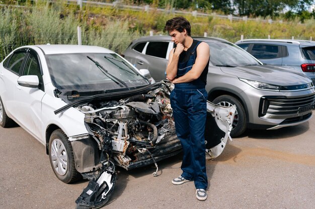 Wide shot portret van een verwarde monteur die zich afvraagt hoe hij de bumper van een auto kan repareren