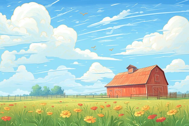 Wide shot of prairie with wooden barn and brick silo magazine style illustration