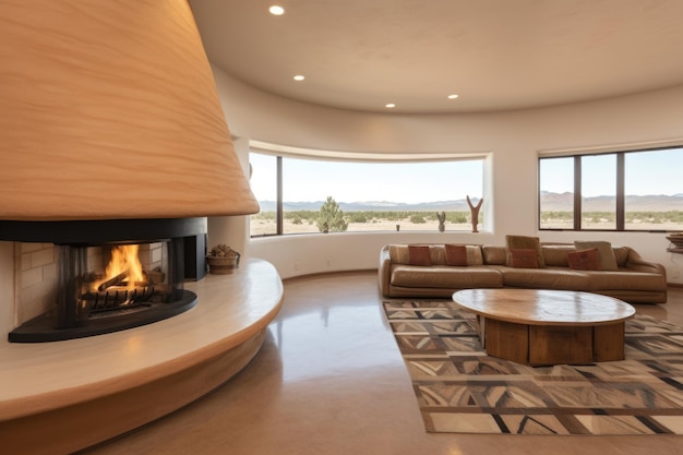 Wide shot of a room with a kiva fireplace