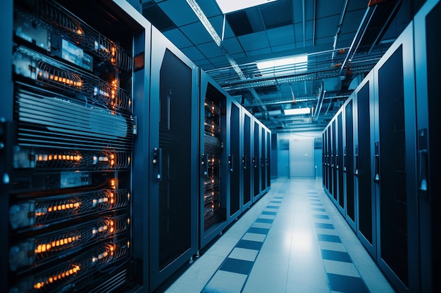 Wide shot of a server room with dedicated cooling pipes overhead