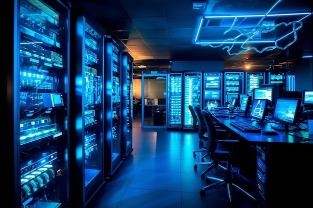 Wide shot of a server room with an emphasis on disaster recovery protocols