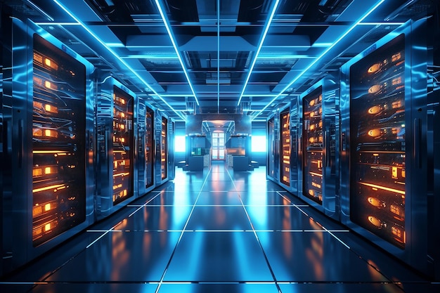 Wide shot of a server room with an open concept design