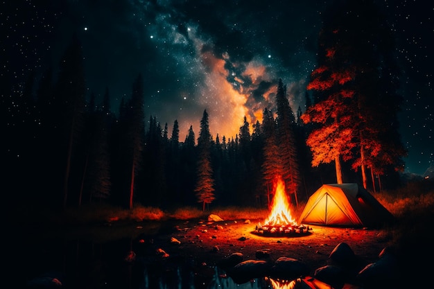 A wide shot of a small campsite nestled in the woods with a tent pitched under the starry night sky