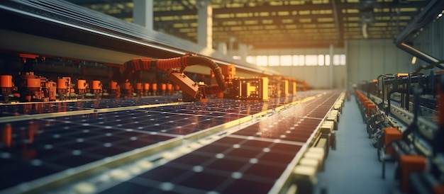 Wide Shot of Solar Panel Production Line with Robot