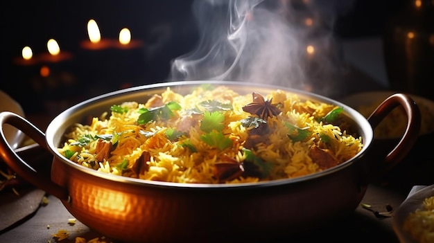 A wide shot of a steaming pot of biryani world food day images