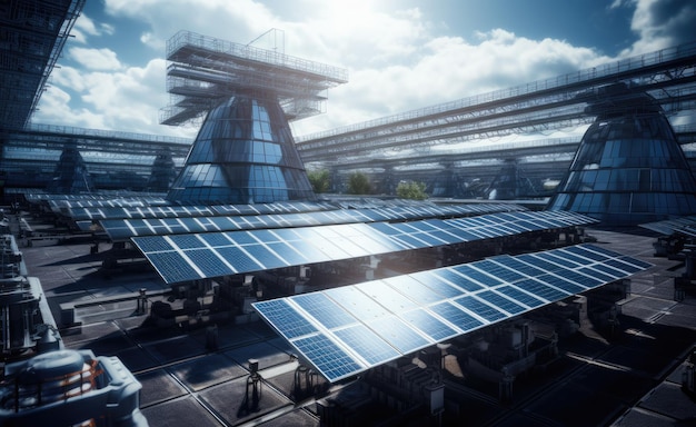 Wide shot van de productie lijn van zonnepanelen met robot armen in de moderne Bright Factory Zonnepanelen worden geassembleerd op conveyor gecreëerd met generatieve AI-technologie