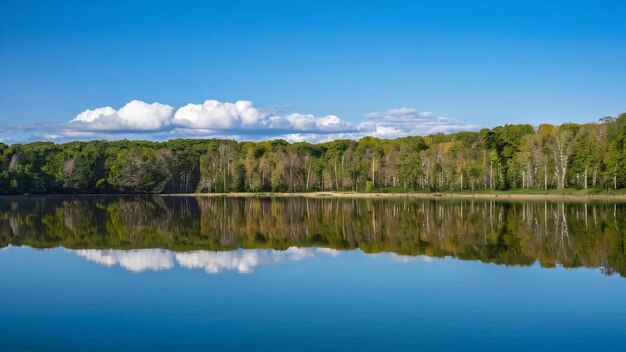 Wide shot of water reflecting the greenleafed trees on the shore under a blue sky