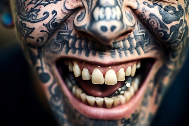 Wide sinister smile of a young person with tattoos on the face Horizontal photo