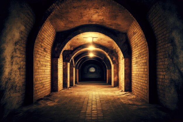 Photo wide spacious passage to stone empty abandoned basement