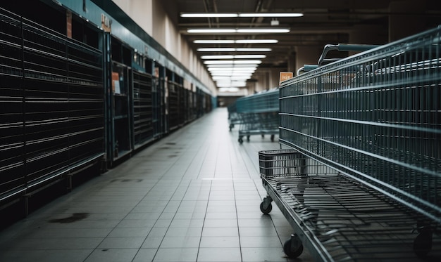 Photo wide supermarket aisle with an empty shopping cart creating using generative ai tools