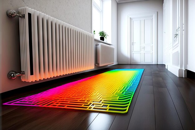 Фото Широкий радиатор теплого пола светлого цвета, установленный на полу
