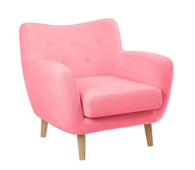 wide upholstered armchair with fabric upholstery on wooden legs in retro style isolated